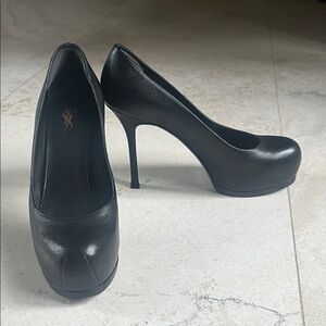 Saint Laurent Black Pebbled Leather Platform Tribtoo Pumps Stiletto Sz 37.5